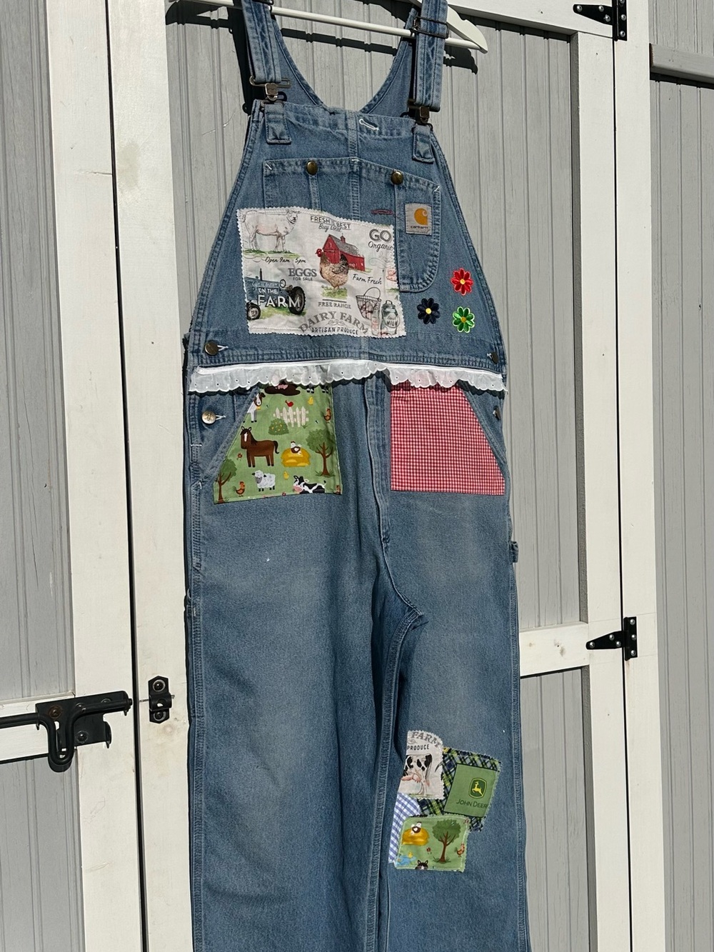 Carhartt Blue Denim Women’s Overalls with Patchwork Accents Barn theme upcycled
